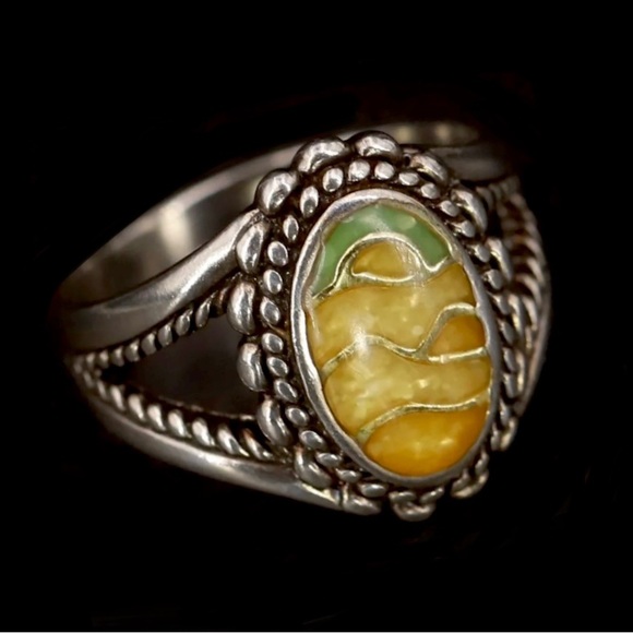 👑🐉Signed-Carolyn Pollack, Vintage Sterling Silver Green Turquoise Citrine Ring - Picture 2 of 6
